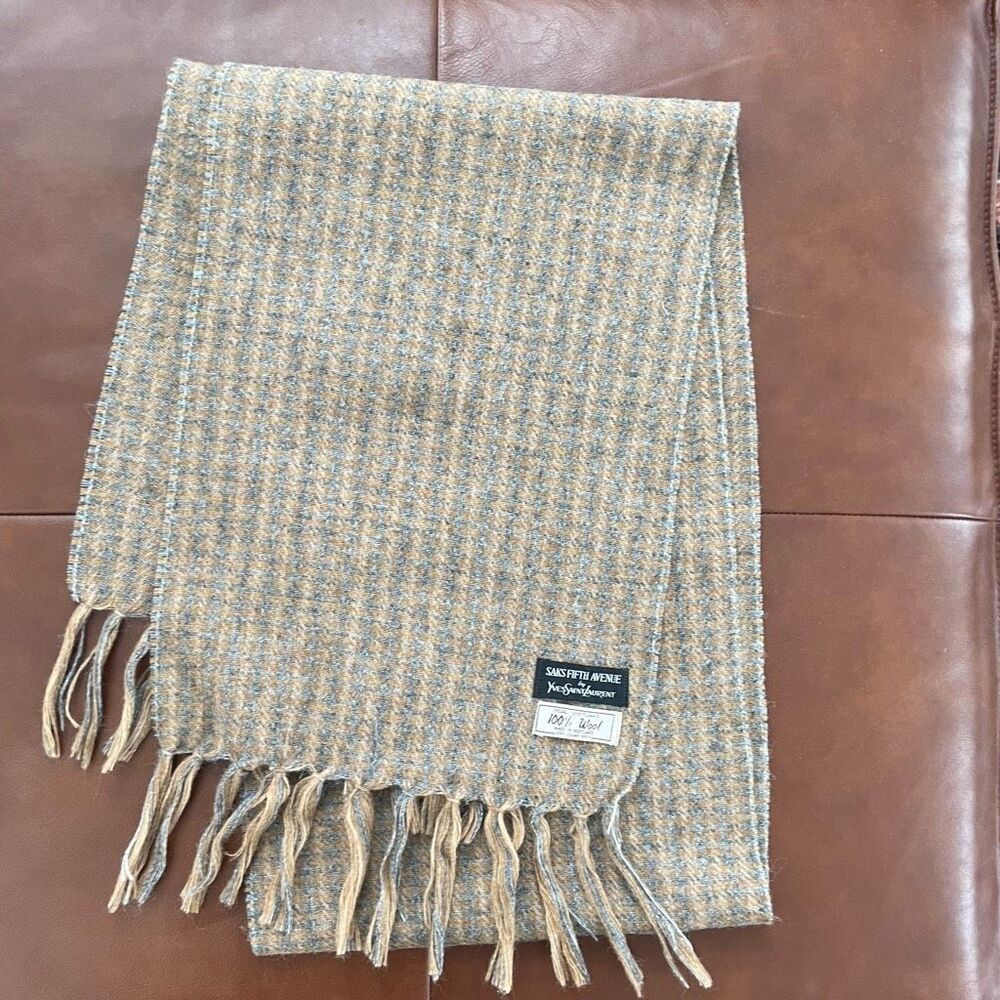 Yves Saint Laurent Saks Fifth Avenue Camel Tan Grey Neutral Plaid Scarf Shetland